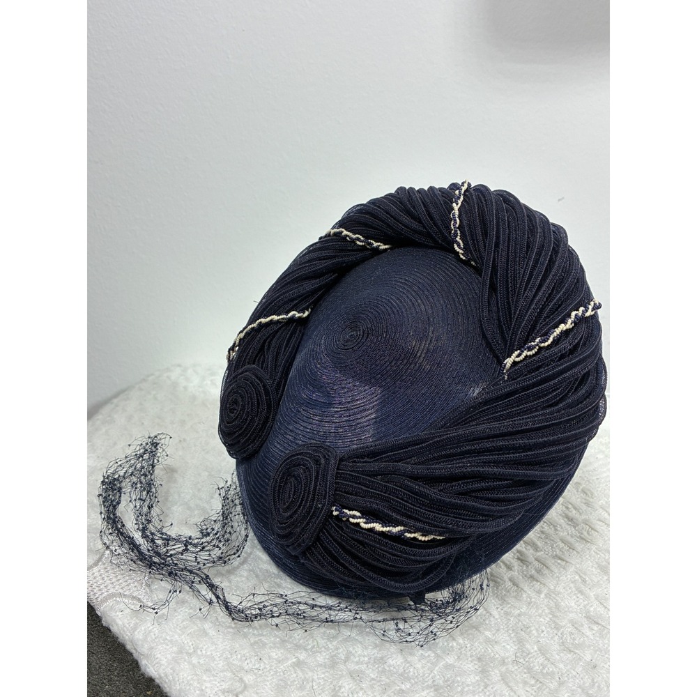 Vintage 1950s Woodward & Lothrop Navy Blue Beaded Cocktail Hat Veil